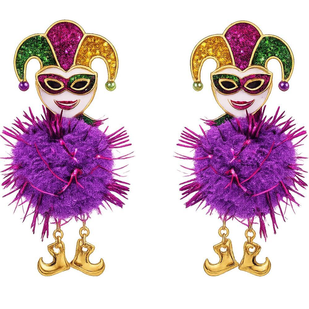 Mardi Gras Jester Pom Pom Earrings | Glitter Enamel | Statement Drop